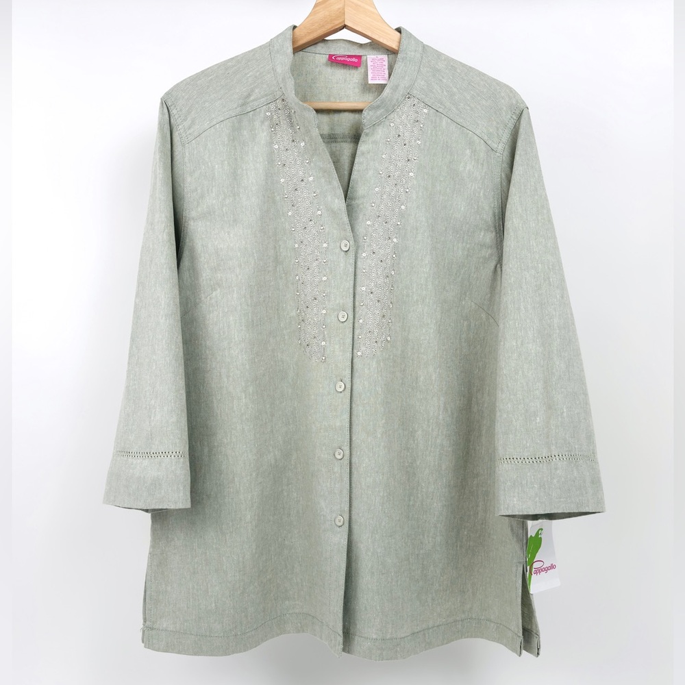 Pappagallo Embroidered Beaded Linen Button Up Blouse Size L NWT